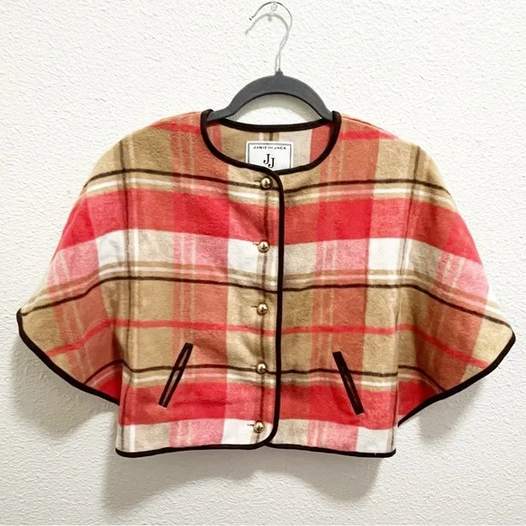 Janie & Jack Girls Tartan Pink Brown Tan Plaid Button Front Cape - Picture 7 of 8